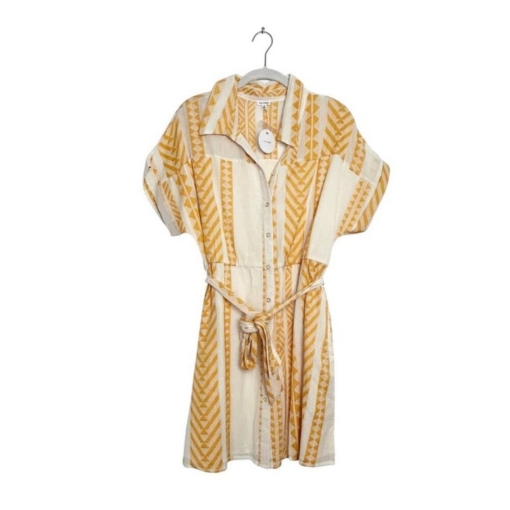 En Crème Embroidered Button Front Mini Shirt Dress in Cream Gold Linen Print
